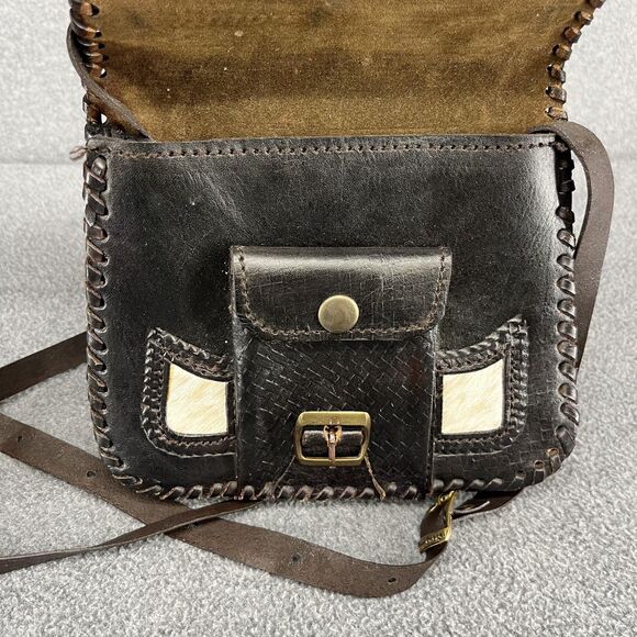 Vintage Hand Tooled Leather Crossbody Purse Womens Brown Hair-On Hide Western - Picture 11 of 15
